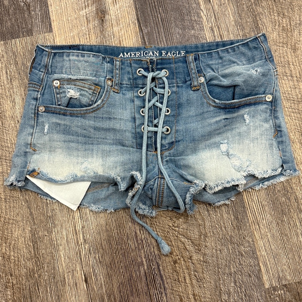 American Eagle Outfitters Super Stretch Denim Tie Closure Cut Off Shorts Y2K